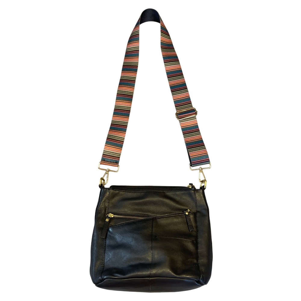 Great American Leatherworks Black Leather Crossbody Bag Boho Stripe Guitar Strap